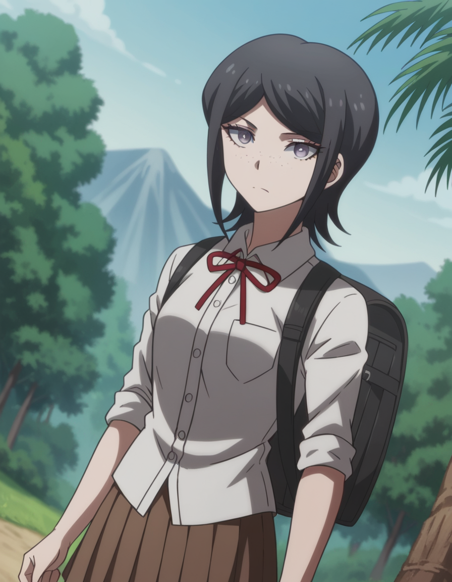 score_9, score_8_up, score_7_up, source_anime, <lora:mukuro-ikusaba-s2-ponyxl-lora-nochekaiser:1>, mukuro ikusaba, short hair, bangs, black hair, freckles, purple eyes,, skirt, shirt, ribbon, school uniform, white shirt, pleated skirt, collared shirt, red ribbon, neck ribbon, grey shirt, sleeves rolled up, brown skirt,, mountain trail, hiking, nature, backpack, adventure, fresh air, , looking at viewer, hand palm facing up, solo,, cowboy shot, dutch angle