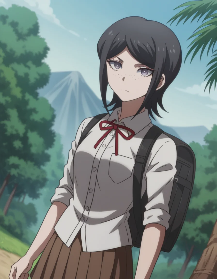 score_9, score_8_up, score_7_up, source_anime, <lora:mukuro-ikusaba-s2-ponyxl-lora-nochekaiser:1>, mukuro ikusaba, short hair, bangs, black hair, freckles, purple eyes,, skirt, shirt, ribbon, school uniform, white shirt, pleated skirt, collared shirt, red ribbon, neck ribbon, grey shirt, sleeves rolled up, brown skirt,, mountain trail, hiking, nature, backpack, adventure, fresh air, , looking at viewer, hand palm facing up, solo,, cowboy shot, dutch angle