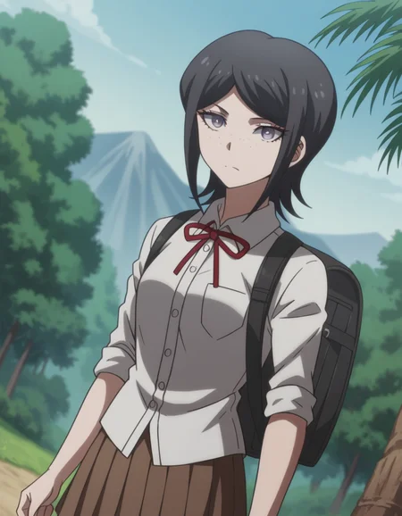 score_9, score_8_up, score_7_up, source_anime, <lora:mukuro-ikusaba-s2-ponyxl-lora-nochekaiser:1>, mukuro ikusaba, short hair, bangs, black hair, freckles, purple eyes,, skirt, shirt, ribbon, school uniform, white shirt, pleated skirt, collared shirt, red ribbon, neck ribbon, grey shirt, sleeves rolled up, brown skirt,, mountain trail, hiking, nature, backpack, adventure, fresh air, , looking at viewer, hand palm facing up, solo,, cowboy shot, dutch angle