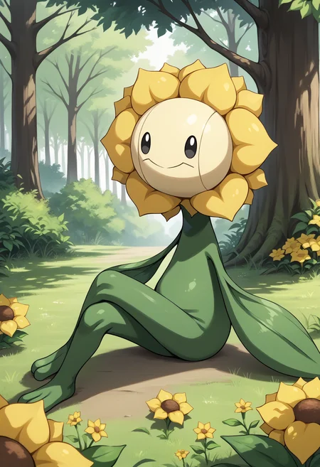 score_9, score_7_up, source_anime, sitting, on ground, crossed legs, <lora:SunfloraPKMN-pdxl:1> sfl0r, pokemon \(creature\), no humans, yellow flower, black eyes, smile, closed mouth, tree, outdoors