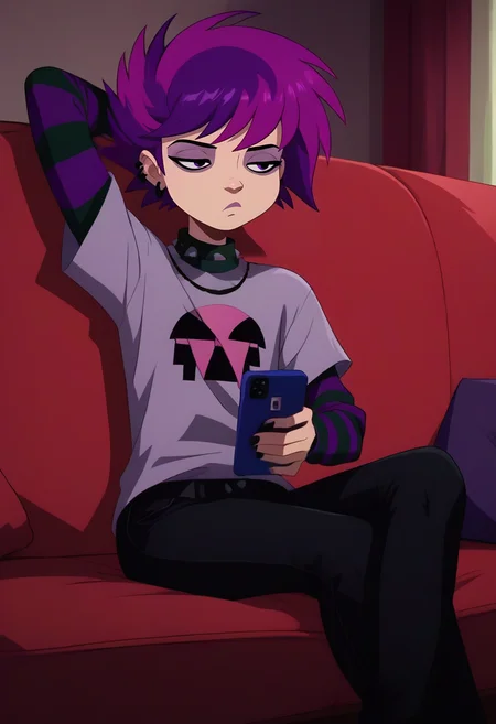 ophelia ramirez, 1girl, purple hair, short hair, shirt, striped sleeves, black pants, sitting, bored, arm up, holding phone, looking at phone,  <lora:ophelia-08:0.8>