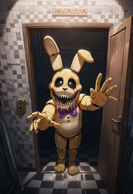 masterpiece, best quality, amazing quality, very aesthetic, absurdres, newest, detailed background, foreground blur, (( )),
springbon, teeth, rabbit ears, purple bowtie, sharp teeth, animatronic, robot joints,, 1boy, smile, big head, big mouth, wide head, wide face, drooling,, 
matte skin, black sclera, furry skin, fabric skin, 
checkered walls, checkered floor, grey walls, behind door, invitation, body hidden behind door, reaching out,