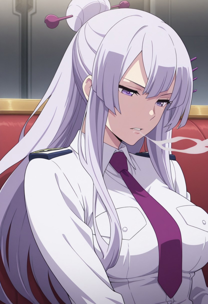 masterpiece,best quality,amazing quality, source_anime, 
Froleytia, 1girl, solo, purple eyes, purple hair, long hair, hair ornament, single hair bun, hair stick, uniform, shirt, white shirt, collared shirt, necktie, purple necktie, upper body, smoke from mouth, parted lips,
indoor, couch, sitting,