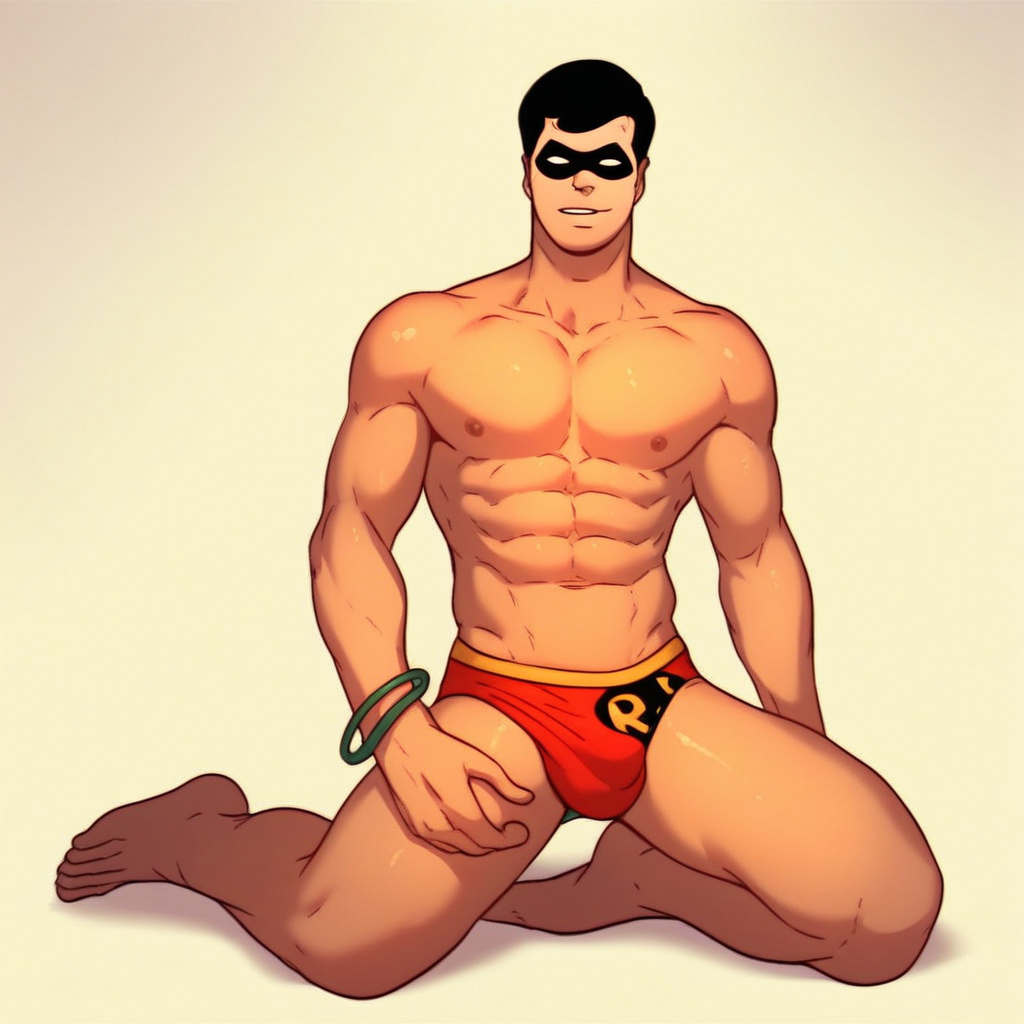 Robin, 1boy, male focus, solo, black hair, mask, swimsuit, male swimwear, abs, bracelet, topless male, speedo,  score_9, score_8_up, score_7_up, score_6_up <lora:vinceteaa_020_04v2-step00000400r:1> good face, good eyes, looking at viewer, full body,