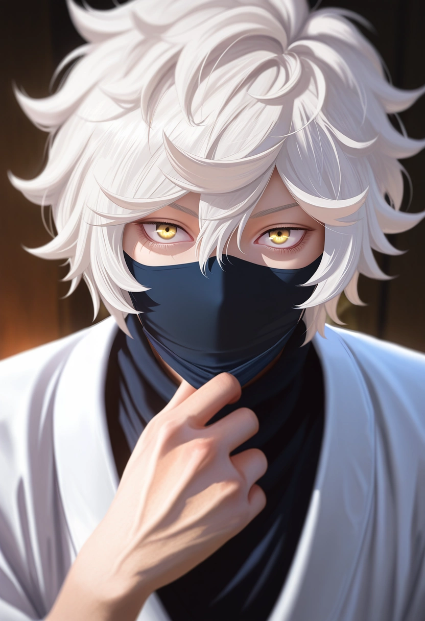 masterpiece, best quality, , (photorealistic:0.6), looking at viewer, 1boy, solo, male focus, <lora:gabimaru_jigokuraku_ilxl:0.94>, gabimaru_jigokuraku, white hair, yellow eyes, hair between eyes, short hair, messy hair, , mouth mask,
