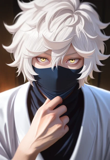 masterpiece, best quality, , (photorealistic:0.6), looking at viewer, 1boy, solo, male focus, <lora:gabimaru_jigokuraku_ilxl:0.94>, gabimaru_jigokuraku, white hair, yellow eyes, hair between eyes, short hair, messy hair, , mouth mask,