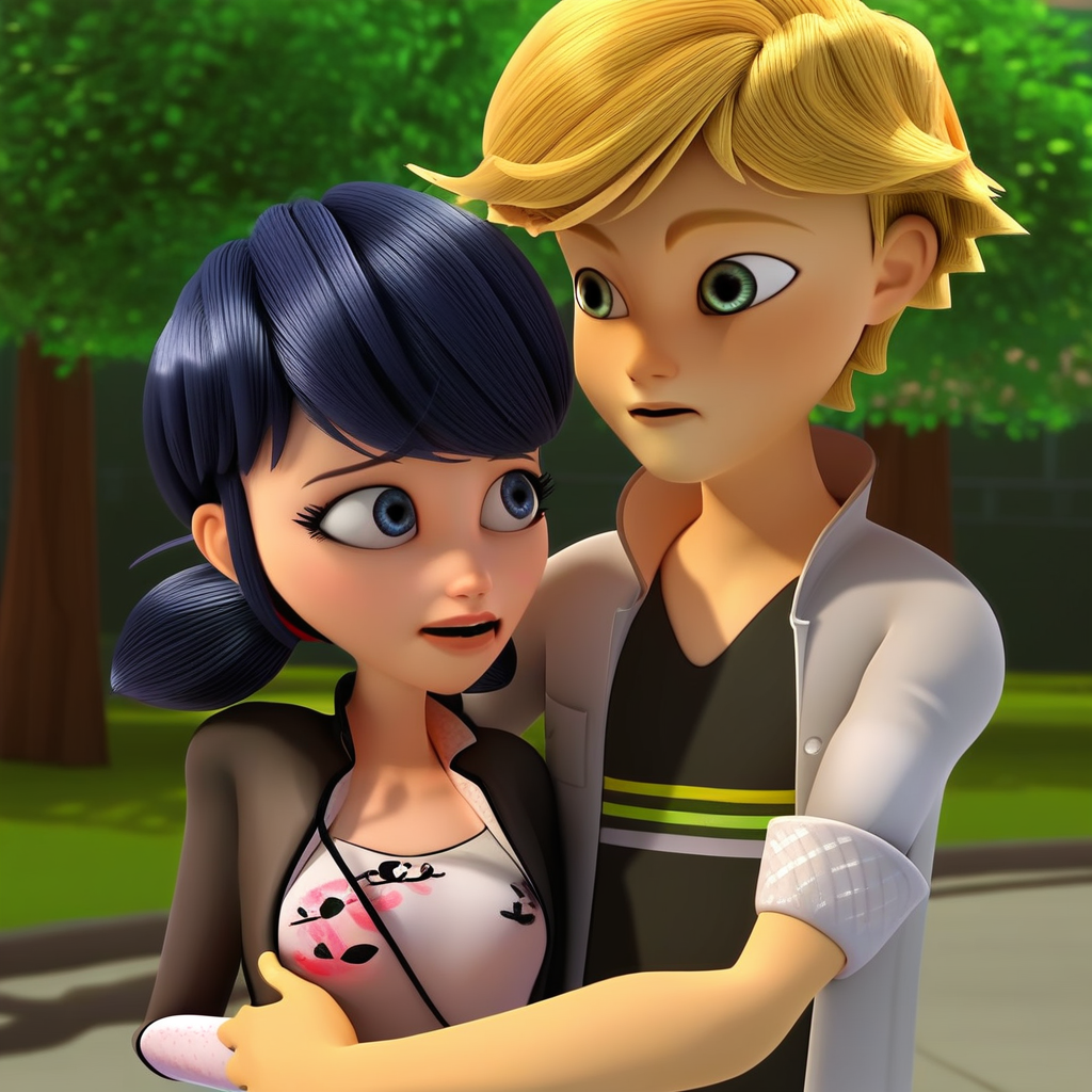 score_9, adrienette_ml, (1boy, adrien_a, blonde hair), break, (1girl, marinette_d, black hair, short twintails), hug, outdoors, tree
