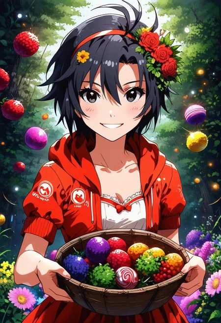 (zPDXL2), score_9, score_8_up, score_7_up, score_6_up, source_anime, <lora:Worldly_XL:1> volumetric lighting, warm colors, motion effects, best quality, wallpaper art, looking at viewer, woods, (bombs:1.5), berries, flowers, insects
1girl, solo, 18 year old, Little Red Riding Hood on a path in the woods, holding basket with bombs, delicate and smooth skin, cleavage, shy smile, eyes open, low cut, 
<lora:KikuchiMakoto_pony_v1:0.9> kkcmkt, short hair, black hair, antenna hair, hair between eyes, black eyes, flat chest,  small breasts, 
Expressiveh,  <lora:c0l0urc0r3XLP2:0.40> c0l0urc0r3, cute, bright colours, candy, <lora:RELSM_v1:0.90> <lora:[GP] somethingweirdv1 [Pony XL]:0.20>
