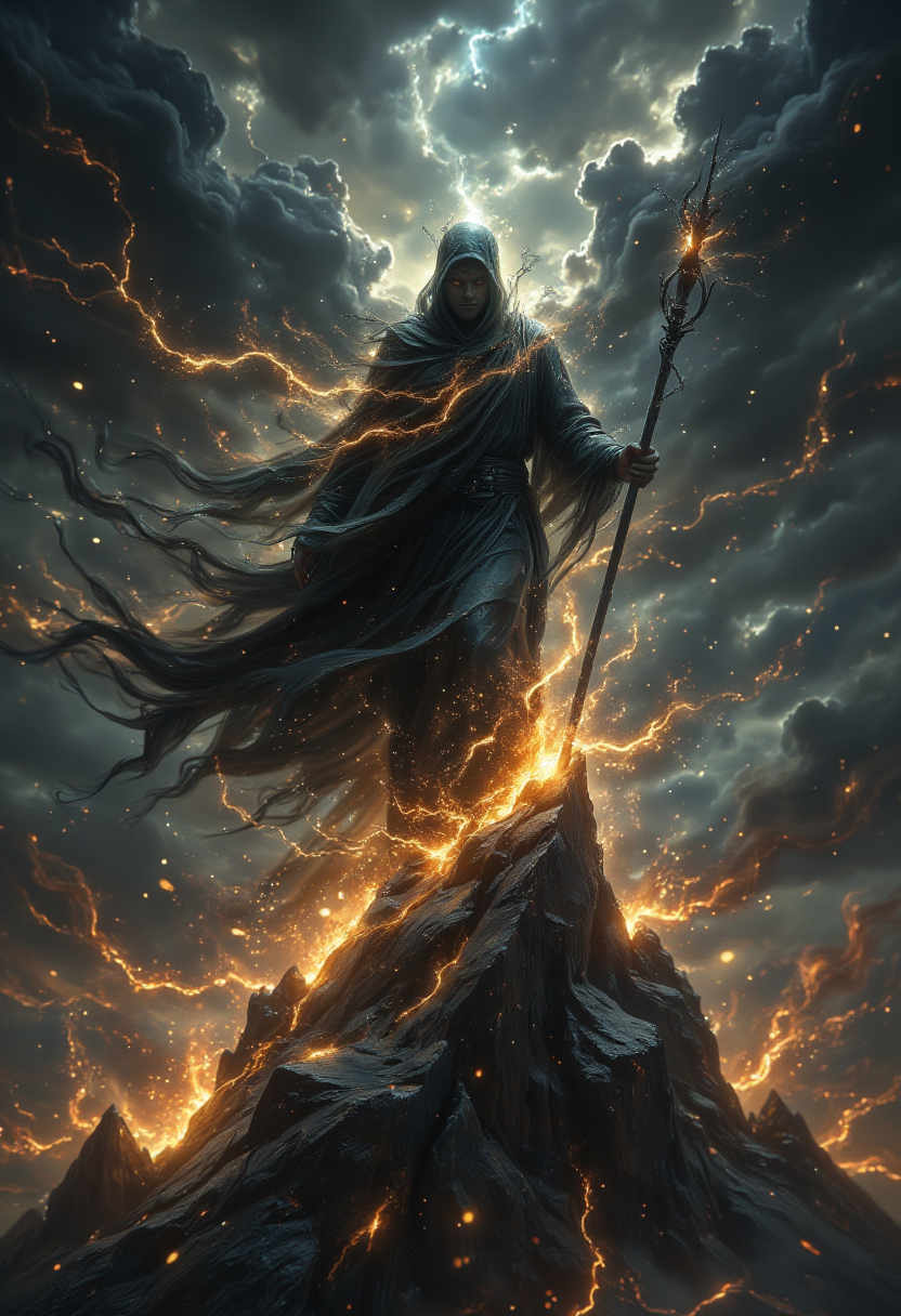 Oil painting, close up portrait. "Abstract Lighting Effects, Hyperrealism, Midjourney Style, Photorealism, Cinematic, High Fidelity. A haunting, ethereal painting of a sinister black magic sorcerer standing atop a jagged, obsidian spire in a nightmarish, apocalyptic landscape. His long, tattered robes thrash violently in the howling winds as he conjures a malevolent spell, swirling dark, lightning aura. The sky is suffocating with roiling, almost pitch-black clouds, emanating an oppressive, inescapable dread. Thick, ominous smoke rises from the shattered earth below, twisting like shadowy phantoms around the spire, feeding off the sorcerer's dark power. The horizon is scorched with the eerie flicker of otherworldly fire, casting a ghastly, sickly glow that clashes with the deep, impenetrable shadows. Sparks of chaotic, violent energy erupt from the sorcererâs staff, searing through the sky like jagged bolts of cursed lightning, their crackling resonance filling the air with an unholy hum. His face, barely visible in the gloom, is twisted in a mask of ancient, malevolent power, exuding a terrifying, god-like presence, his eyes burning with dark knowledge. The spellâs magic pulsates, almost sentient, sparking wildly with pure evil, sending waves of inky black smoke spiraling into the infinite night. The entire scene feels otherworldly, malevolent, and apocalyptic, a visual crescendo of doom as reality itself fractures under the sorcererâs malevolent will, evoking an overwhelming sense of impending annihilation and chaos."
 <lora:midjourney_whisper_flux_lora_v01:0.55>,
<lora:Aura_Flux-000010:0.9>,
<lora:Midjourney_-_SemiReal_Dreams_FLUX_LoRA:0.55>,