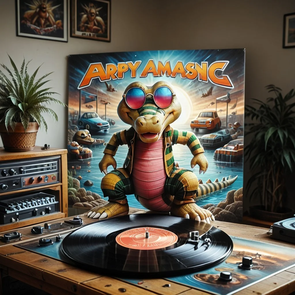 (((4lbum4rt, record jacket, text "KROKOROCK")))
((Barefoot furry character, full body, cinematic setting, scaly male, plantigrade))
(((krokorok))), pokemon (creature), DJ, disco, party, dark sclera, dynamic angle, wearing sunglasses, action.
BREAK, intricate details, highly detailed, extreme detail, octane render, fine art, best quality, highres, (detailed face:1.5), ((full_body)), UHD, (((perfect hands))), low light, anime