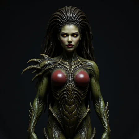 aidmafluxpro1.1, aidmarealisticskin, The image is a photograph of a female humanoid alien figure, likely a movie poster. The creature has an elongated, humanoid body with a female, muscular, athletic build. Its skin is a blend of dark green and reddish tones, with a scaly, textured surface that suggests a reptilian or insectoid origin. The creature's face is striking, with sharp, angular features, glowing yellow eyes, and a mouth filled with sharp teeth.