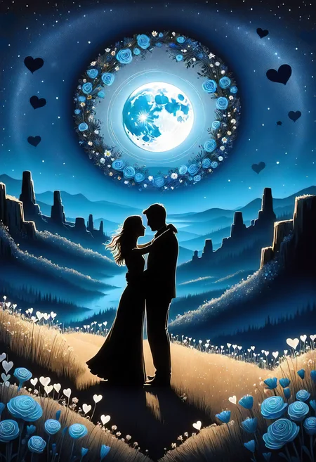 valentines day, handmade, rustic, flowers, key to my heart, scenic overlook, dancing cheek to cheek in the moonlight, moonlit <lora:released\DonM3t3rn1tyXL-v1.1-000008:0.8>