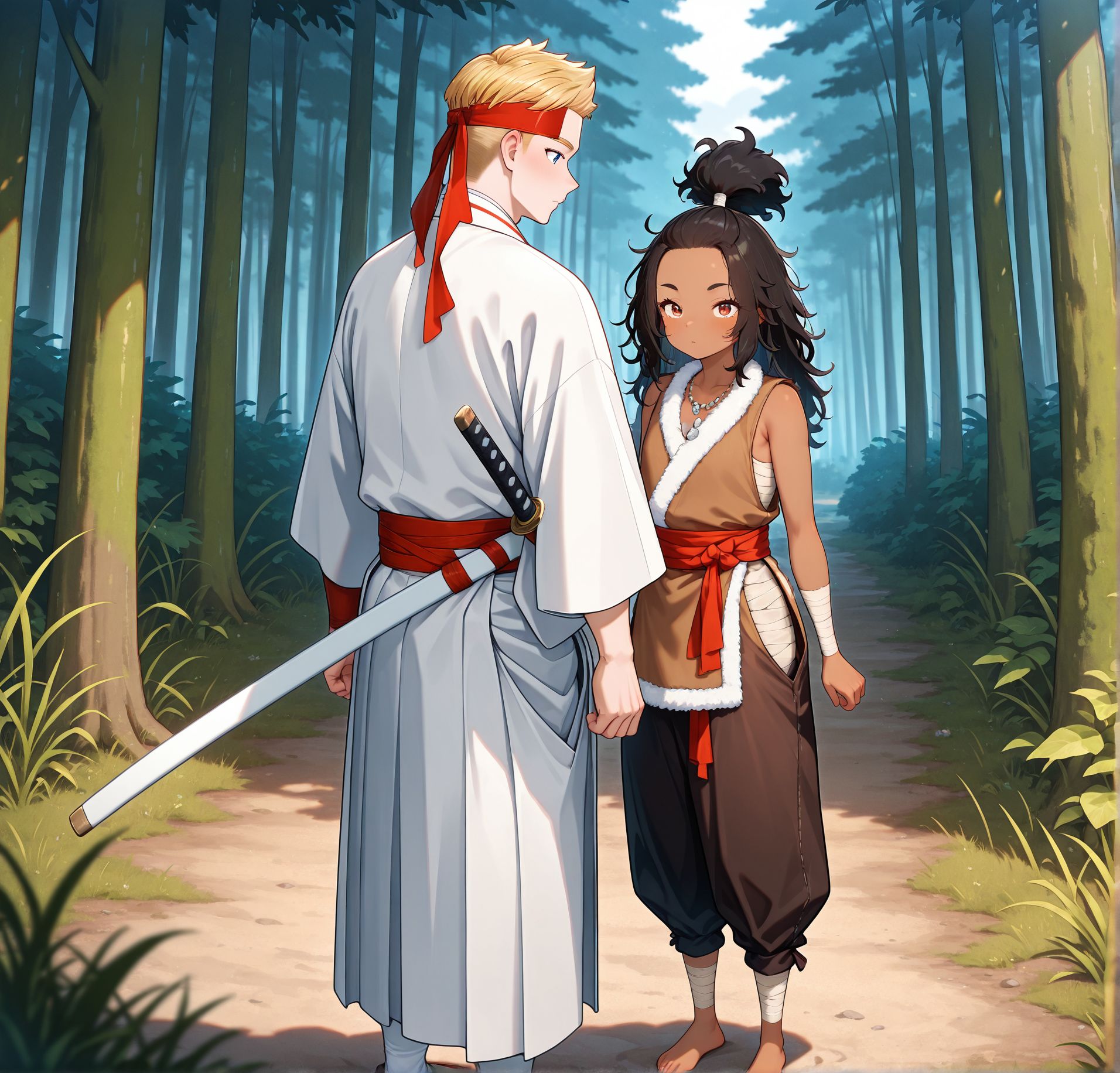 masterpiece,best quality,amazing quality,very aesthetic,absurdres,newest, huge filesize,
<lora:spo_sdxl_10ep_4k-data_lora_webui:0.5>,
<lora:add-detail-xl:1>Japan medieval ,  forest, 
1girl, 1boy, hetero, standing, 
BREAK
<lora:jigokuraku_V1:1>j_V1,
1boy, 
blonde hair, white clothes,
headband,dark blue eyes,
japanese clothes,
katana,sheath,red headband,sheathed,
short hair,kimono,j_tenza,
BREAK
1girl, 
barefoot,
black hair,dark skin female, ,sleeveless, 
jewelry, fur trim clothes, messy hair,  forehead, Red sash ,
standing, topknot,necklace,black pants,white stone necklace, 
 brown clothes,
bandages,