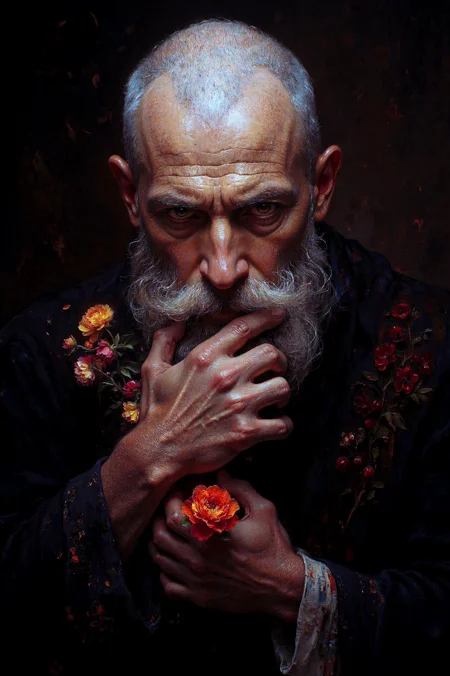 <lora:Midjourney_Whisper_Chromaplex_Velvet_Myst_v01:0.6>,<lora:flux-lora:0.8>,dark art by Stefan Gesell,Fantastical Man,Philosopher,he is dressed in Kuta,the Philosopher has Bald hair,Surrealism,fantastic realism,dreamlike imagery,symbolic motives,mysterious narratives,portrait art by Karol Bak,advanced cinematic perfect light,atmosphere,striking,dynamic dramatic beautiful full taking,positive emotional,luxurious sharp focus,beautiful detailed,enchanted,highly contrasted,beautiful composition,glossy,extremely rich detail,