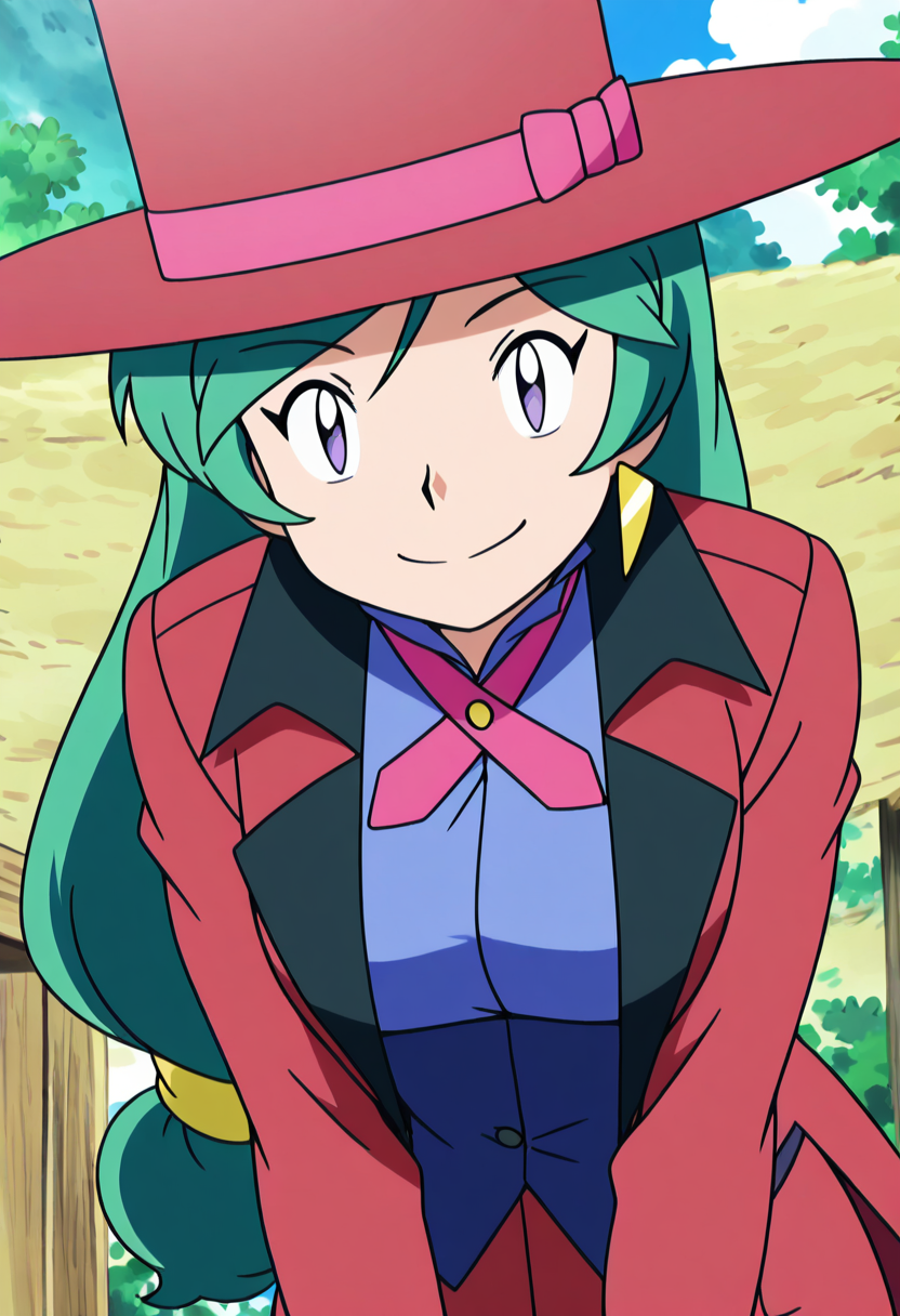 masterpiece, best quality, solo, curvy, beautiful eyes, large breasts, 1girl, solo, smile, looking at viewer,     zzFrancesca, purple eyes, green hair, long hair, low-tied long hair,  red top hat, jewelry, formal, suit, blue vest, tailcoat,  (upper body, close up, leaning forward, portrait),  <lora:FrancescaPokemon_IXL:1.0>,