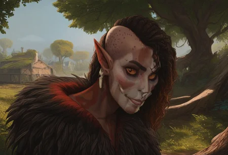 safe_pos, feminine, bosmer woman, fit body, bone masks, carved masks, painted masks, random face, colorful skin, pale tan skin, strong jawline, angular facial features, asymmetrical features, wide nose, fur mantle, rough leather clothes, female, archer's physique, joking demeanor, slightly pointed ears, pinned back ears, long face, very short ears, curved ears, scalloped ears, short ears, firbolg nose, uncanny features, snake nose, reptilian nose, realistic, long face, bosmer, alien, elongated head, flat nasal ridge, elongated skull, bony nose, slit nostrils, aquiline features, medium body hair, dunmer, creature, bony dermal ridges, rough complexion, body tattoos, native american tattoos, medium breasts, natural breasts, shapely figure, chiseled features, athletic build, weathered skin, large nose, animated realism, zoomed out, Inuit features, sage colored skin, pale skin, copper and jade clothes, dark orange sclera, saurian pupils, horizontal pupils, cuttlefish eyes, narrow eyes, dark red pupils, very slanted eyes, squinted eyes, double lidded eyes, eye membrane, slanted brows, bony brows, highly detailed, defined features, looking at viewer, from side, full body, zoomed out, dynamic lighting, 29 years old, light and shadows, jovial expression, expressive eyes, smiling, laughing, Native American pattern leather clothes, medium hair, elegant hairstyle, tribal hair, wavy hair, thick hair, braided hair, wild cut hair, semirealistic, alien elf, mongolian features, slavic features, aztec features, vibrant hair, colorful hair, sharp features, high detail, absurdres, intense eyes, detailed eyes, dark orange eyes, paleolithic clothes, Crowded village, dense redwood forest, intricate fur tents, bone furniture, masterpiece, Vilontrebramb, tree, outdoors, scenery, tree houses, elegant architecture