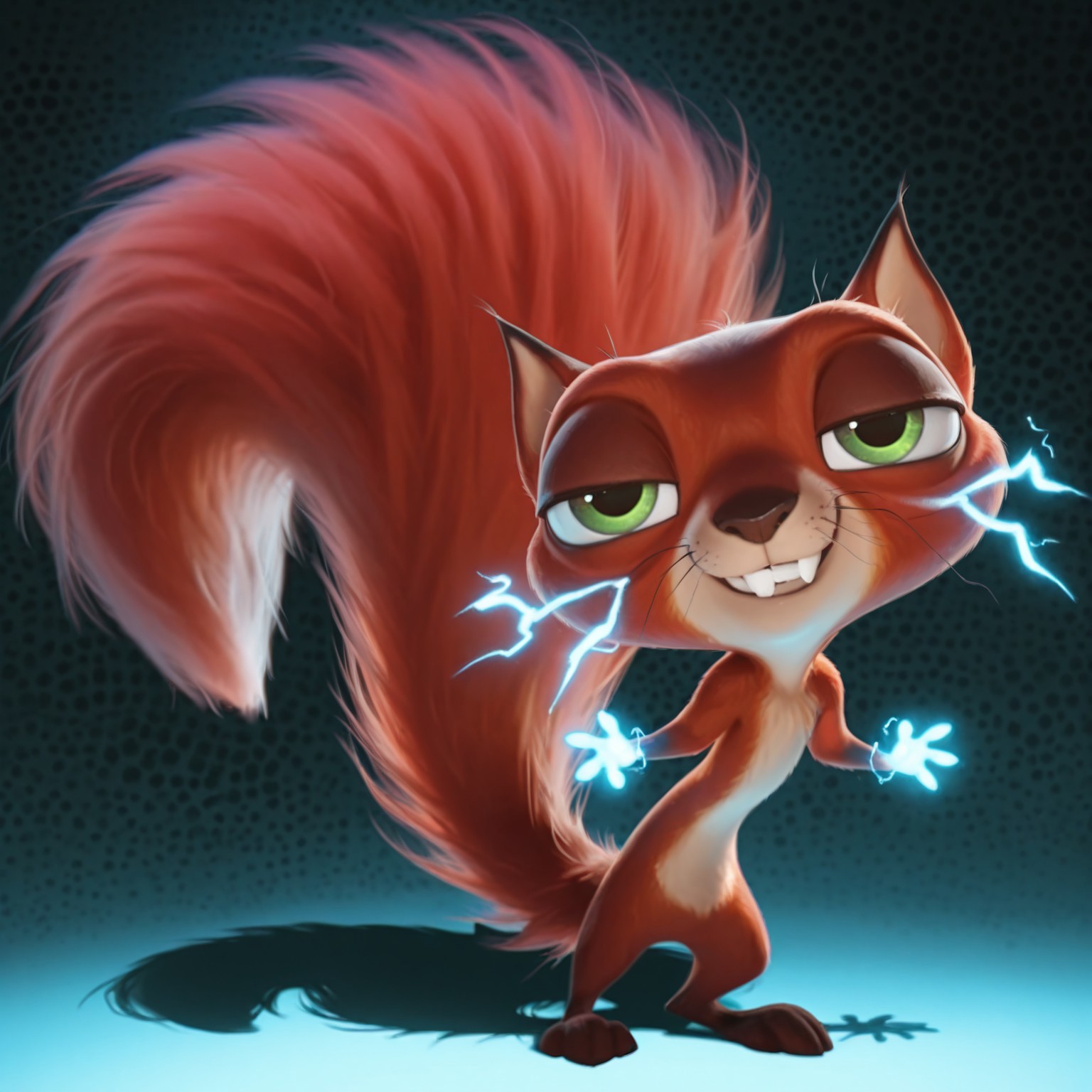 masterpiece, absurdres, amazing quality, photorealistic, ultra-detailed, solo, animal focus, no humans, chibi, furry male, 1boy, chip_superpet, red fur, green eyes, crooked whiskers, chipped tooth, buck teeth, smile, grin, teeth, half-closed eyes, narrowed eyes, smirk, smug, hands up, outstretched arms, slim, tiny waist, body fur, brown hands, full body, looking at viewer, long tail, glowing hands,  electricity, electrokinesis, leaning forward, naked, no penis, 
BREAK 
psychedelic background, detailed shading, glowing, shadow, WaiIL25PosC