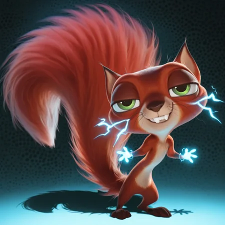 masterpiece, absurdres, amazing quality, photorealistic, ultra-detailed, solo, animal focus, no humans, chibi, furry male, 1boy, chip_superpet, red fur, green eyes, crooked whiskers, chipped tooth, buck teeth, smile, grin, teeth, half-closed eyes, narrowed eyes, smirk, smug, hands up, outstretched arms, slim, tiny waist, body fur, brown hands, full body, looking at viewer, long tail, glowing hands,  electricity, electrokinesis, leaning forward, naked, no penis, 
BREAK 
psychedelic background, detailed shading, glowing, shadow, WaiIL25PosC