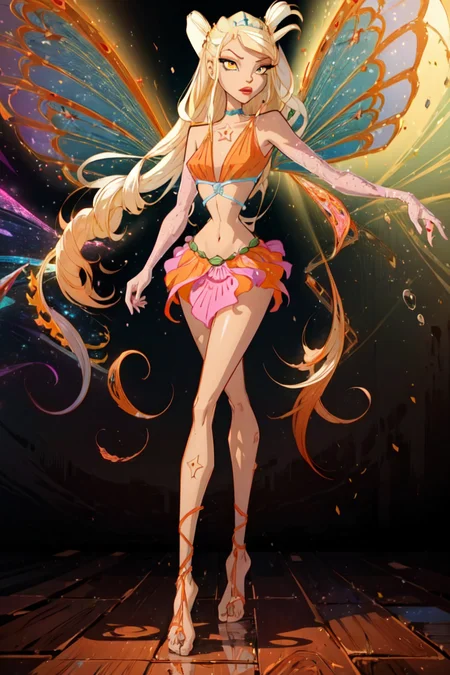 (Stella:1.5), blonde hair, very long hair, yellow eyes, wings, midriff, orange top, skirt, (orange and yellow gradient background), (realistic:1.2), (masterpiece:1.2), (full-body-shot:1),(Cowboy-shot:1.2), neon lighting, dark romantic lighting, (highly detailed:1.2),(detailed face:1.2), (gradients), colorful, detailed eyes,, (natural lighting:1.2), solo <lora:WinxClubEnchantixStella-10:0.9> <lora:add_detail:0.3> <lora:BeautifulEyes:0.6>
