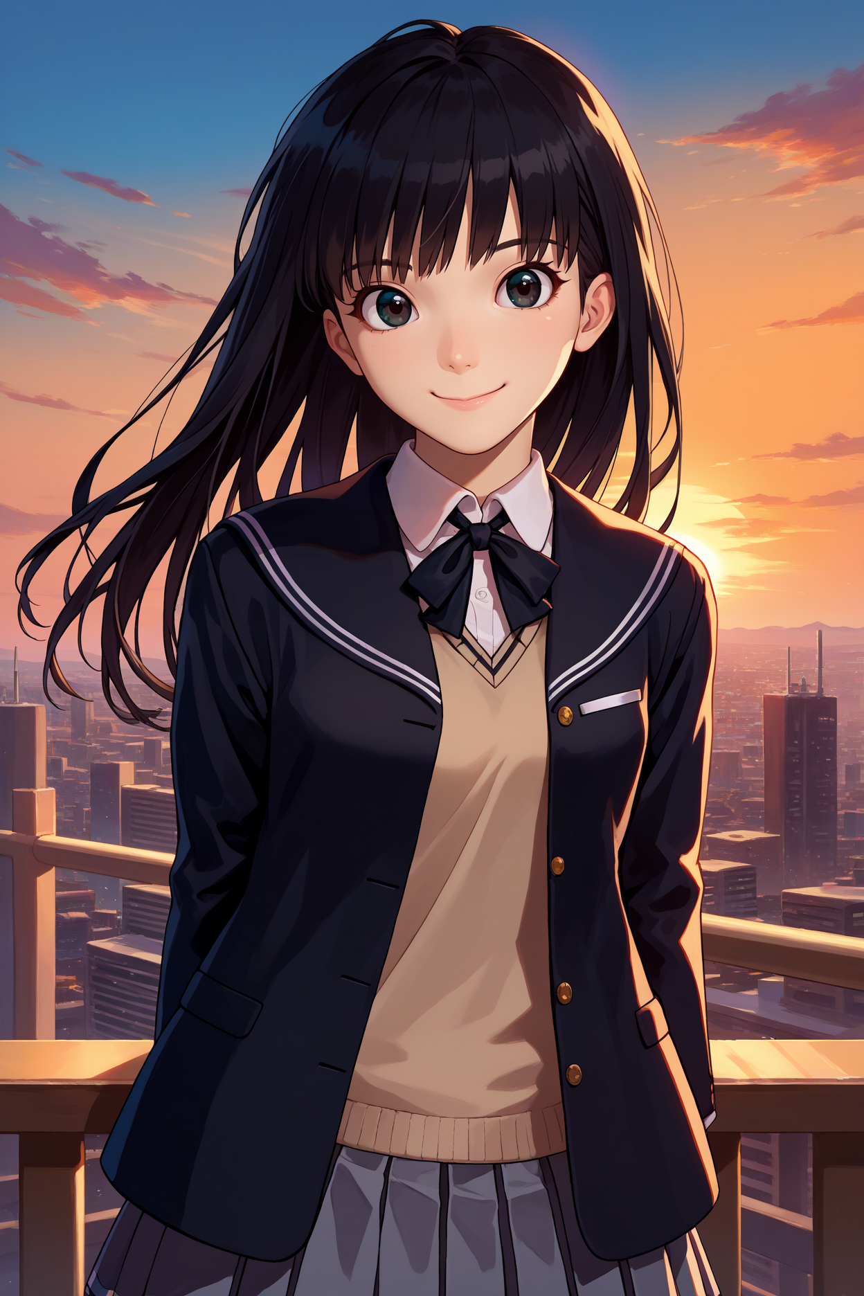 score_9, score_8_up, score_7_up, score_6_up, source_anime, 1girl, solo, <lora:tsukasaayatsuji-pdxl-nvwls-v1-000005:1> amagamitsu, black hair, long hair, black eyes, black blazer, black sailor collar, neck ribbon, collared shirt, beige sweater vest, grey skirt, pleated skirt, sunset, city, blue sky, looking at you, happy, upper body, portrait, smile, closed mouth