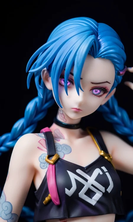 1girl,arcane jinx,jinx \(league of legends\),arcane: league of legends,league of legends,black background,blue hair,braid,expressionless,glowing,glowing eye,hair behind ear,head tilt,long hair,looking at viewer,portrait,purple eyes,solo,lipstick,eyelashes,shoulder tattoo,hairclip,hair ornament,nostrils,choker,asymmetrical bangs,chest tattoo,black choker,single bare shoulder,single sidelock,multicolored hair,blue eyes,black shirt,closed mouth,shirt,collarbone,makeup,eyebrow cut,pink lips,tattoo,cloud tattoo,parted bangs,lips,simple background,bare shoulders,half-closed eyes,twintails,gradient background,pink eyeshadow,arm tattoo,purple hair,crop top,twin braid,two-tone hair, , score_9,score_8_up,score_7_up,source_anime,photo background,the real background,