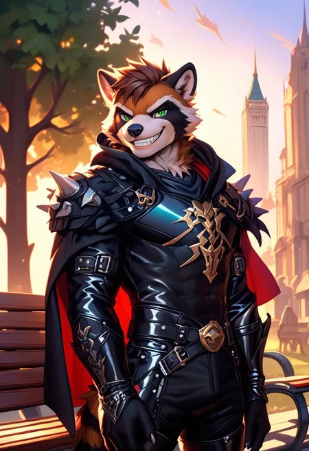 score_9, score_8_up, score_7_up,score_9, score_8_up, score_7_up, ((cowboy shot)), city, park, park bench, standing, BREAK, ((High fantasy art style)), solo, male, anthro raccoon, black hooded cloak, (black leather breastplate), black leather greaves, black leather pauldrons, black leather boots, brown hair, ((detailed green eyes)), ((Masterpiece), (absurdres), (shadowy), (mysterious), ((evil grin)), ((sadistic smile))