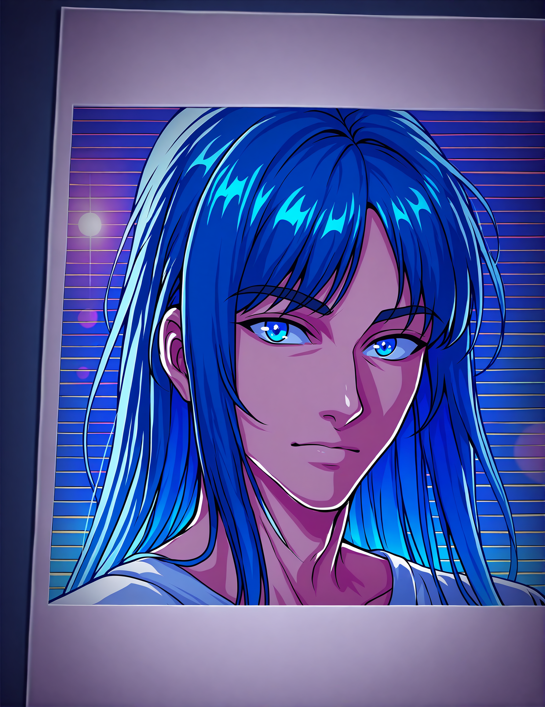 masterpiece, very aesthetic, absurdres,  1boy, solo, male focus, blue eyes, blue hair, portrait, looking at viewer, facial hair, long hair, closed mouth, bangs, shirt, white shirt,  Illust_Polaroid