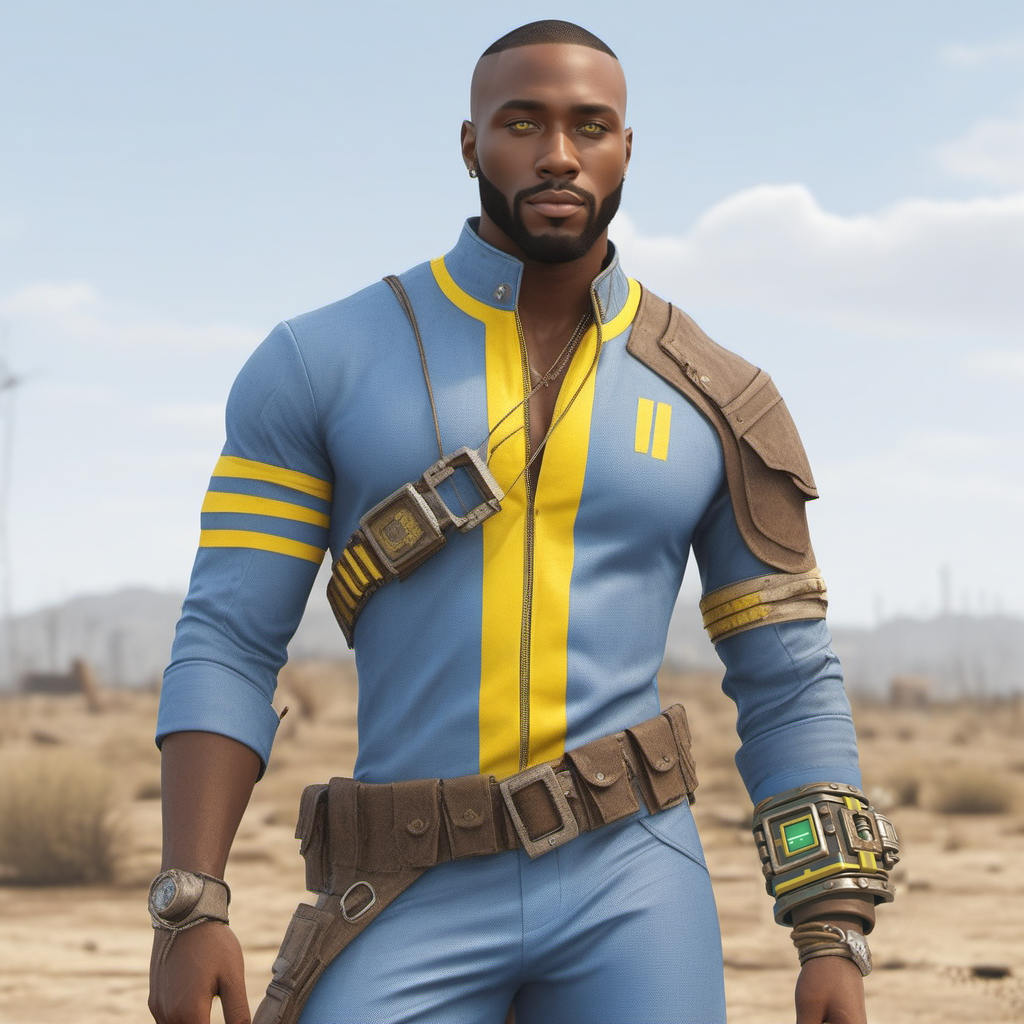 a black man wears a blue outfit with yellow stripes, wears a big bracelet with square green screen, smiles, fallout,  retrofuturism <lora:FalloutVault1024:0.8>