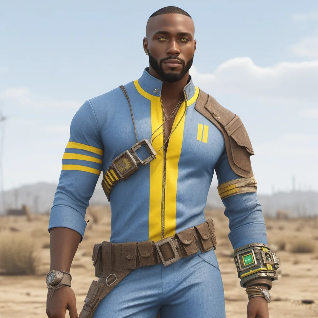 a black man wears a blue outfit with yellow stripes, wears a big bracelet with square green screen, smiles, fallout,  retrofuturism <lora:FalloutVault1024:0.8>