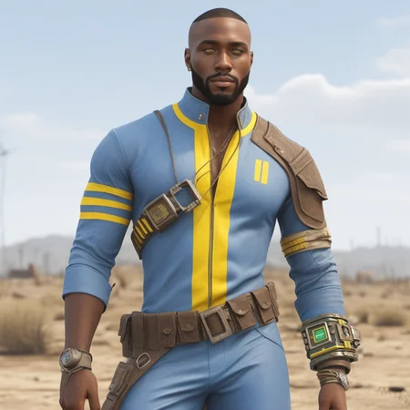 a black man wears a blue outfit with yellow stripes, wears a big bracelet with square green screen, smiles, fallout, retrofuturism <lora:FalloutVault1024:0.8>
