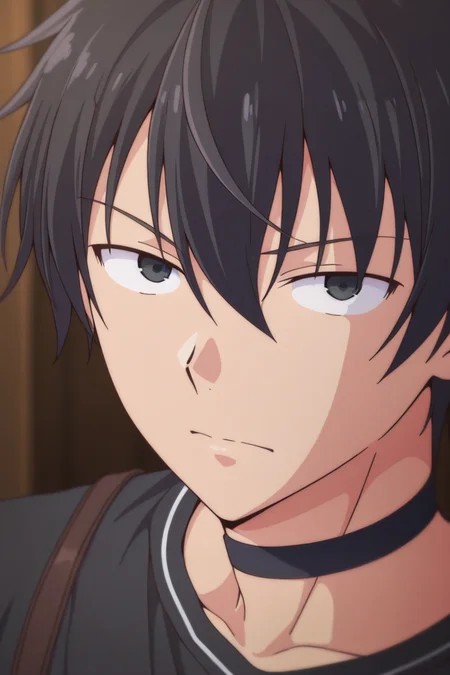 masterpiece, best quality, amazing quality,high resolution,intricate details,official style,depth of field,anime screencap,anime coloring , , , 1boy, solo, male focus, <lora:Setsu_Suzaki:0.93>,setsu suzaki,black hair,black eyes,short hair,choker,black shirt,portrait,looking at viewer