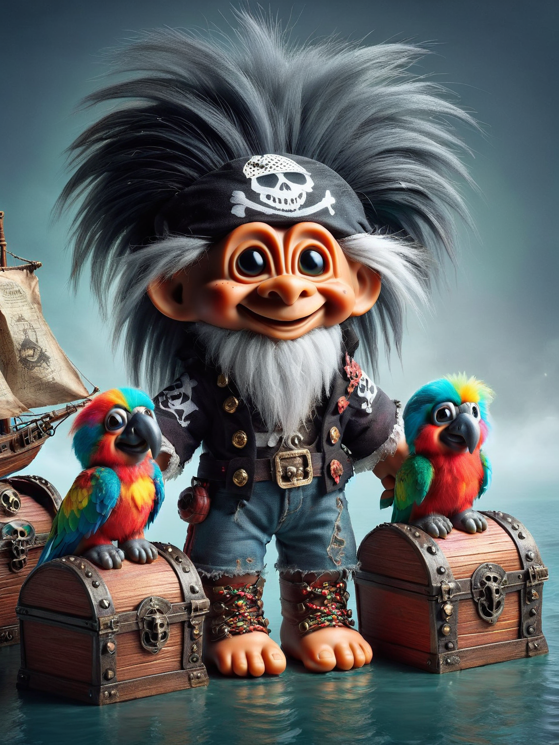 ais-trollz pirate, flashing a daring, toothy smile, with a weathered tricorn hat and a vibrant parrot companion, on a ghost ship through misty, moonlit seas. Their sturdy, sea-worn boots firmly planted on deck amidst treasure chests and old maps <lora:Trollz_2:1>
