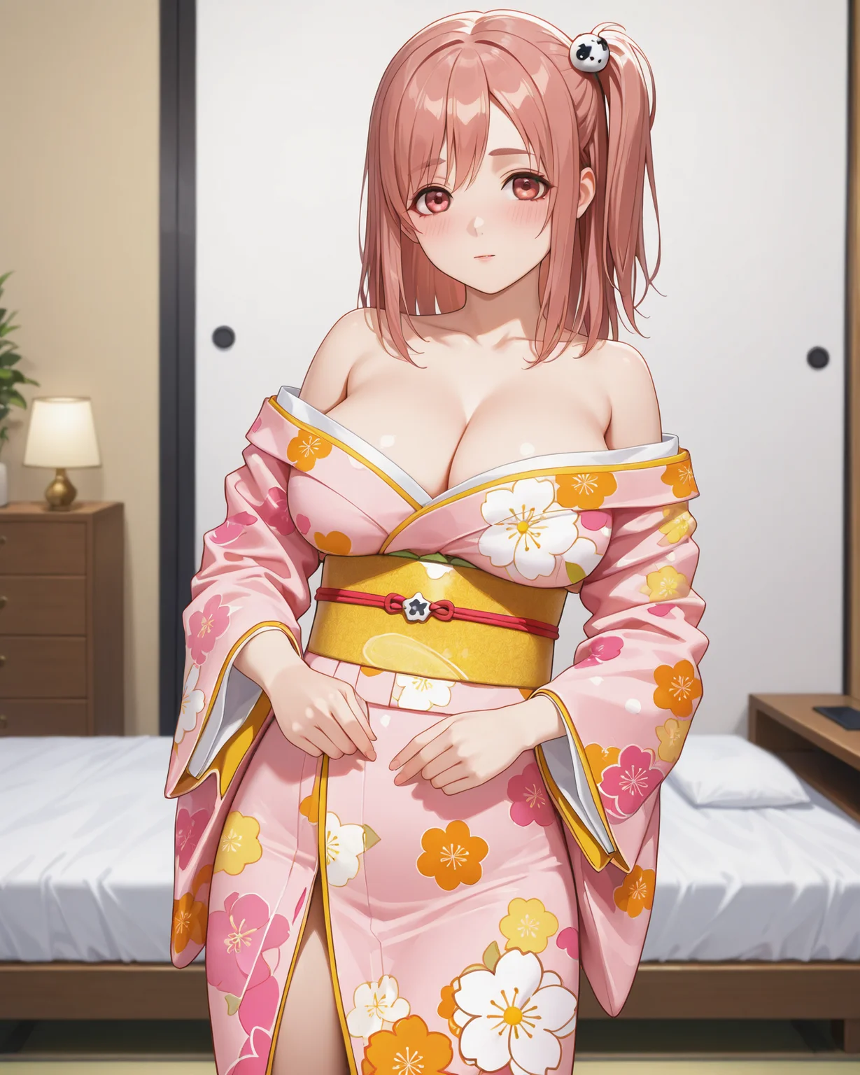 honoka \(doa\),cowboy shot,kimono,bedroom,