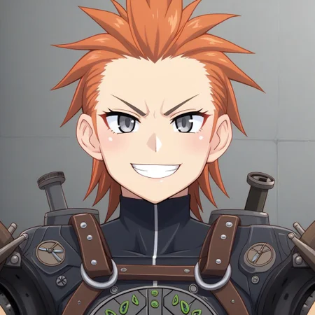mana_sk style, portrait, focus on face, a determined battle engineer girl with short, slicked-back copper hair and steely gray eyes, wearing a heavy leather harness with gears and tools attached, a smudge of grease on her cheek and a confident grin, faint sparks flying in the background, Japanese RPG style, industrial and dynamic atmosphere, intricate details on her harness and tools