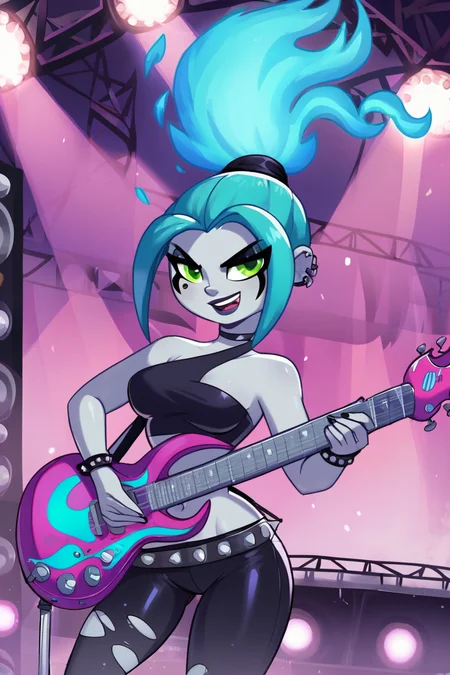 score_9, score_8_up, score_8, medium breasts, (curvy), (scene, concert, 1girl, solo, Standing, electric guitar), zzEmber, ponytail, aqua hair, goth, big belt, blue fire, grey skin, bare shoulders, cowboy shot, dark, electric guitar, ghost, goth fashion, green eyes, guitar, instrument, long hair, midriff, navel, stage, teeth, tight clothes, torn clothes <lora:Ember_McLain_P1:1>, <lora:BoldCAT_P3:0.8>,