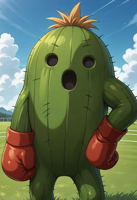 score_9, score_7_up, source_anime, cowboy shot, looking at viewer, smile, open mouth, hand on own hip, <lora:TogemonDG-pdxl:1> tgDG, creature, no humans, green skin, black eyes, blonde hair, boxing gloves, red gloves, grass, cloud, sky