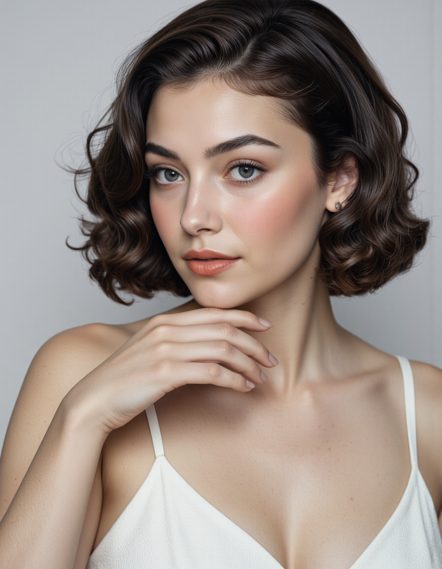 midshot,a beautiful, ultra-detailed portrait photo of a woman wearing a white dress, short hair,angle view, intricate light, perfect hand, hand, detailed hand