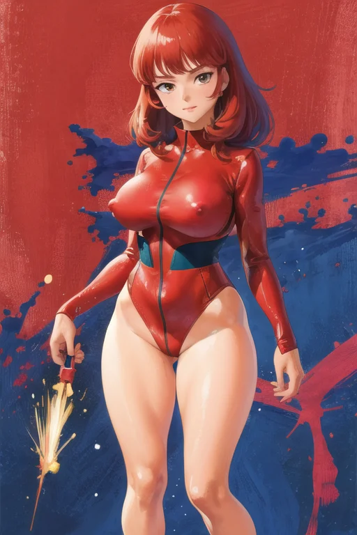 masterpiece, best quality,tomonorikogawa,<lora:TomonoriKogawa:1>,1980s (style),science fiction,painting (medium), ((large breasts)), thick thighs, wet clothes, puffy nipples