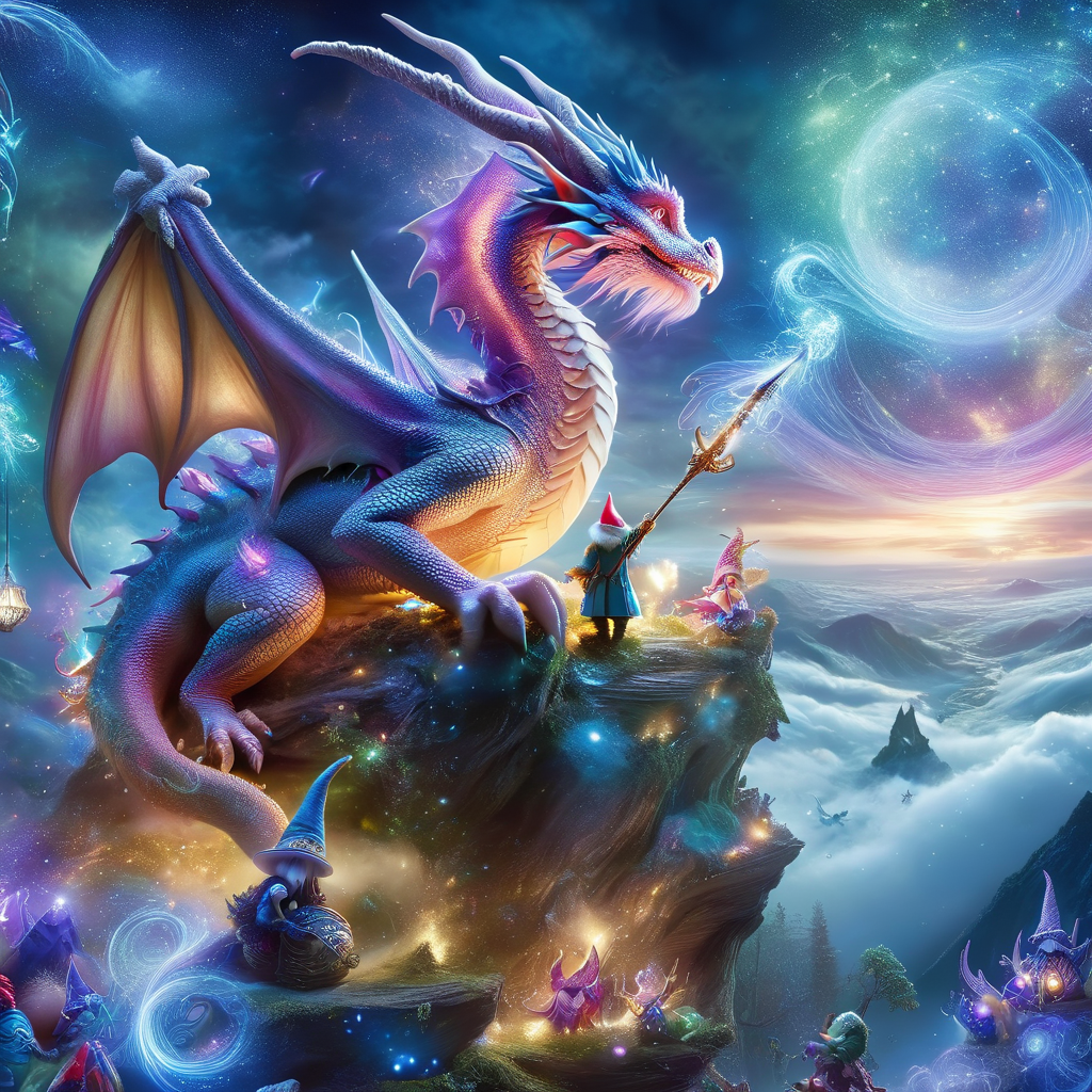 Fujifilm quality photograph (best quality)++, (masterpiece)++, (detailed)+, elf on the shelf fighting a Dragon, (fantasy illustration)1.3, enchanting Dragon battle elf on the shelf, mystical battle, (many gnomes battling)1.4 (whimsical charm).4 Otherworldly charm, mystical sky, (Luis Royo)1.2, (Yoshitaka Amano)1.1, moonlit night, soft colors, (detailed cloudscape)1.3, (high-resolution)1.2 (gnomes  battling everywhere)1.2 , <lora:DonM3t3rn1tyXL-v1.1:0.8> DonM3t3rn1tyXL <lora:DonMD1g174l4sc3nc10nXL:0.8> DonMD1g174l4sc3nc10nXL  <lora:Dragons:0.8> dragon  <lora:EnvyMagicalXL01:0.8> magical <lora:FantasyLandscape:0.8> FanLan