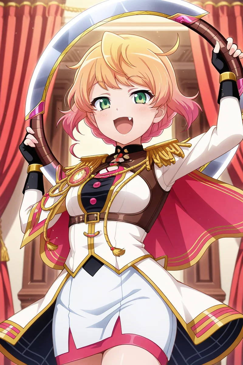 masterpiece, best quality, amazing quality,
 <lora:Minku_IL:1> minku, 1girl, green eyes, solo, multicolored hair, fang, gloves, fingerless gloves, gradient hair, smile, pink hair, orange hair, blonde hair, black gloves, holding, epaulettes, weapon, looking at viewer, open mouth, dress, braid, :d, short hair, cape, stage outfit, chakram, red curtains