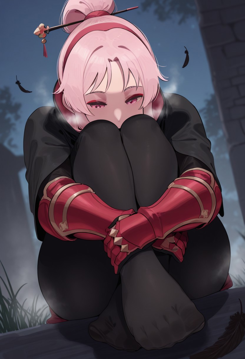 okpriko,  outdoors, undershirt, falling feathers, black bodysuit, hair stick, hugging own legs, , gauntlets,   eyeshadow,   red gloves,  high ponytail,  , black capelet, red hairband, pink eyes, 1girl, solo, feet, visible breath,   dynamic angle, foreshortening, smell, steam,