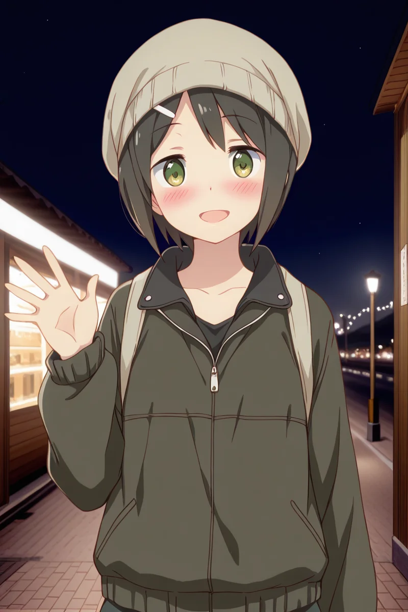 masterpiece, best quality, amazing quality,
 <lora:Kaede_IL:1> kaede, 1girl, solo, hat, hair ornament, smile, open mouth, hairclip, blush, beanie, short hair, looking at viewer, waving, night, black hair, green eyes, jacket,