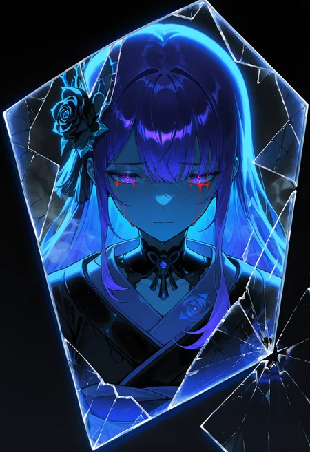 masterpiece, best quality, newest, absurdres, highres, 1girl, purple hair, purple eyes, hair ornament, <lora:RaidenShogun_illusXLNoobAI_Incrs_v1.1:1>, electricity, abstract, breaking, shattered, glass, broken glass, monochrome, spot color, blue and black theme, dark, sad, gothic, black rose, thistles and thorns, flora, black and thick liquid, fog, blue butterfly, underlighting, strong visual impact, film lighting, (different reflection, reflection, glass shards:1.2), An ethereal sketch using lineart techniques and wet on wet painting, shatter across face, blood from eyes, tomoe \(symbol\), <lora:Detailer_NoobAI_Incrs_v1:1.1>, detailed, time paradox, multiple views, black background, photo \(medium\), simple background, blue hair, kimono,