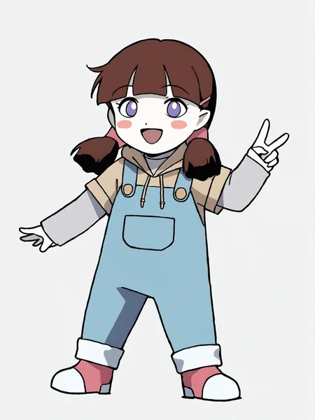 score_9, score_8_up, score_7_up, score_6, source_anime, 1girl, <lora:BigO_PDXLv1c Tami:0.9> tami_(the_big_o), pale skin, brown hair, blush stickers, purple eyes, twintails, hairclip, red white footwear, blue overalls, tan hoodie, gray long sleeves, smile:1.2, open mouth, v, white background,