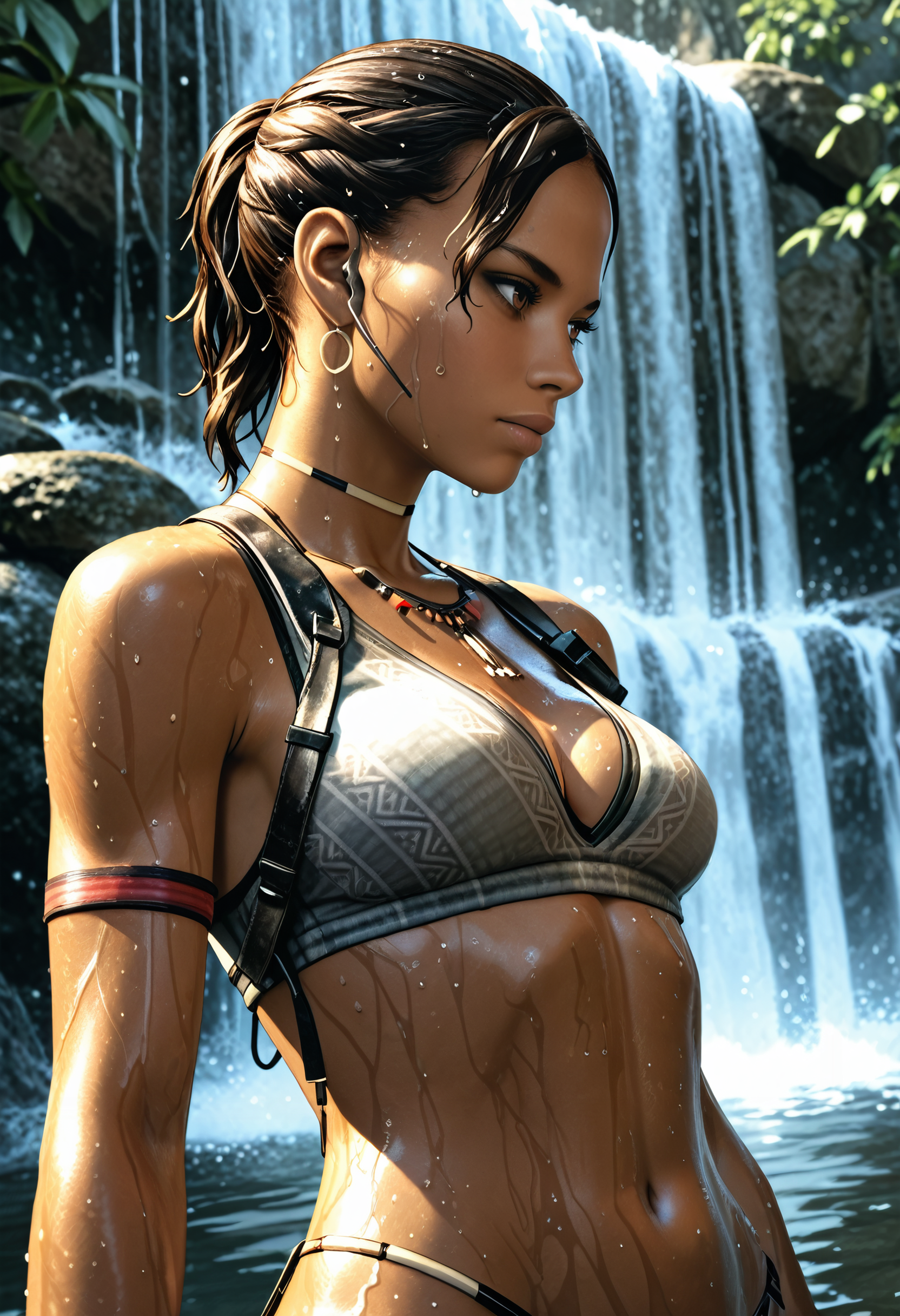 masterpiece, best quality, absurdres, highres, extremely high detail,
 <lora:ILRE5Sheva:1>
RE5Sheva, 1girl, black hair, ponytail, brown eyes, dark skin, nude,wet body, relaxing,upper body is submerged in water, bathing,shoulders submerged,looking away, realstic background, depth of fields,cinematic lighting,dutch angle,outdoors,roten \(rotenburo\), onsen