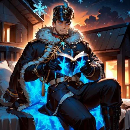 (sitting on a bed, sunset, backlight, orange sky, indoor, wooden house, bed sheet, pillow, reading a book)
<lora:face_Edwin__Alchemist_Code-000004:.7>, tagatameedwin, 1boy, black hair, dark blue eyes, short hair, solo, male focus, manly, bara, mature male, muscle body, shako hat, fur trim, snowflakes pin, coat, aiguillette, shirt, sash, gloves, glowing pattern, tassel, pants, boots,
cowboy shot, 
(very short hair, beard, bara, mature, facial hair, stubble, beard, full beard, sideburn, beard, a lot of beard, ), facial hair,male focus, muscular male, muscular male, bara, mature,  bara, mature, aixiwuganda_(20222192), very awa, masterpiece, best quality, absurdres, newest, perfect quality, detailed background, intricate details,
<lora:slider_Body Type_alpha1.0_rank4_noxattn_last:3><lora:Anime Summer Days 2 Style SDXL_LoRA_Pony Diffusion V6 XL:.6><lora:slider_cfg_scale_boost:.7><lora:Artist6p:.55>, Artist6p, Artist04p,<lora:slider_il_brightness_slider_d1:-1><lora:slider_il_contrast_slider_d1:-1><lora:slider_DarkSlider1.2_alpha1.0_rank16_full_300steps:-.6><lora:slider_contract_controller_illus01_v1:.5>,