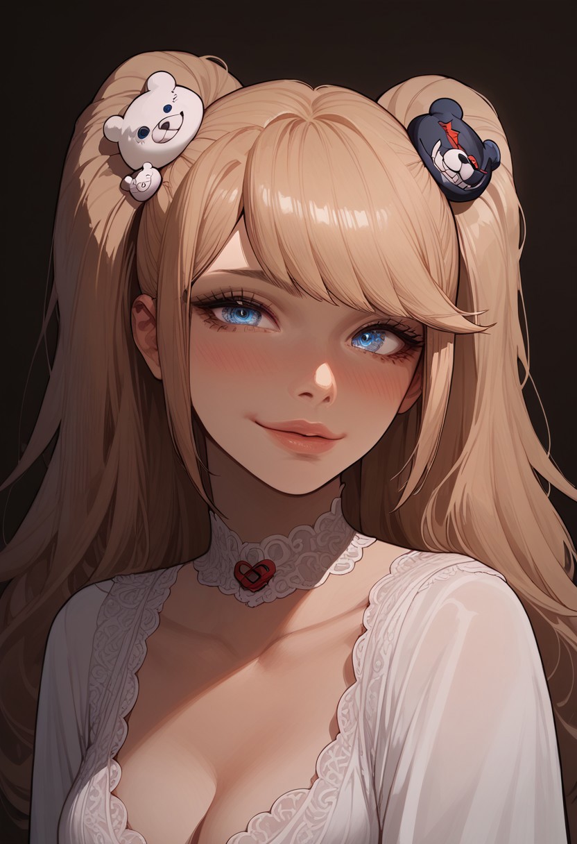 score_9, score_8_up, score_8. score_9, score_8_up, score_7_up, score_6_up, masterpiece, 4k, high quality, (best quality:1.1), ExpressiveH
1girl, solo, enoshima junko, twintails, bear hair ornament, blonde hair, blue eyes, blushing, looking at viewer, smiling, g0dd3ss, white dress
green background