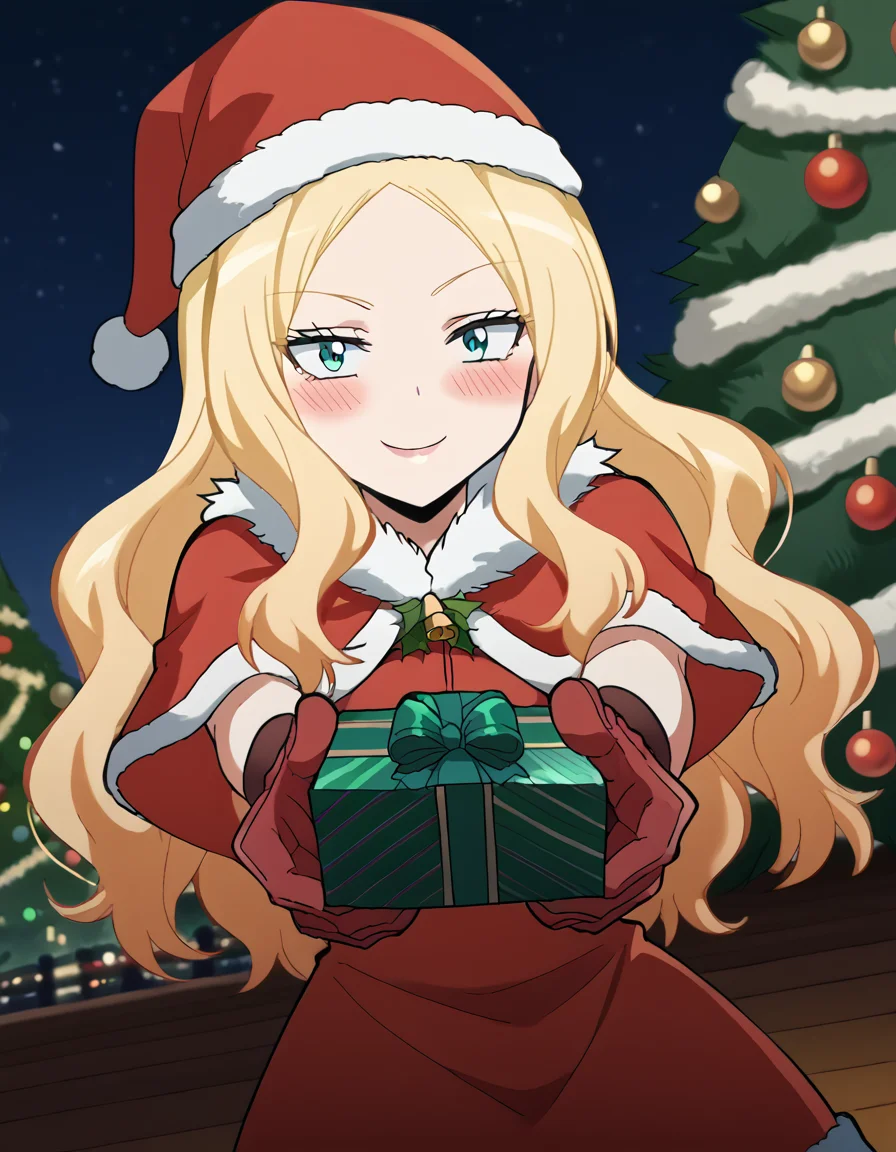 score_9, score_8_up, score_7_up, source_anime, <lora:irina-jelavic-s1s2-ponyxl-lora-nochekaiser:1>, irina jelavic, long hair, blonde hair, large breasts, anime screencap,, <lora:santa-costume-ponyxl-lora-nochekaiser:1>, santa costume, santa hat, christmas, sack, merry christmas, gift, fur-trimmed headwear, holding sack, santa dress, fur-trimmed dress, christmas tree, christmas tree, fur trim, red capelet, gift box, red gloves, fur-trimmed capelet, santa gloves, red hat, hat,, smile, blush, looking at viewer, <lora:incoming-gift-ponyxl-lora-nochekaiser:1>, incoming gift, outstretched arms, holding, holding gift, gift, gift box,, , dutch angle, cowboy shot