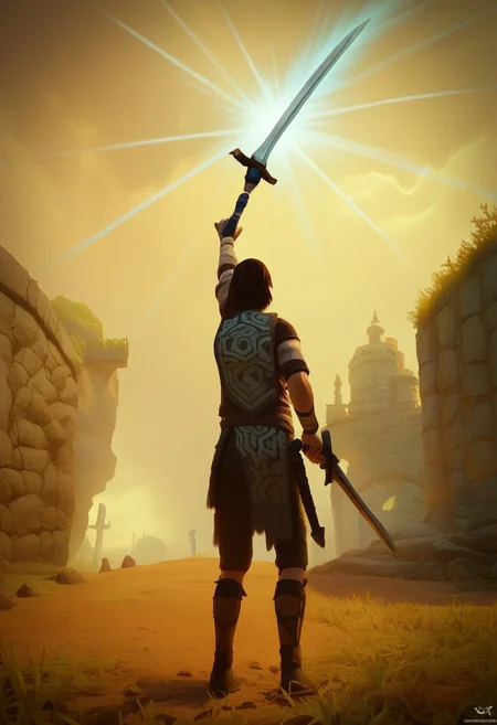 ,score_9, score_8_up, score_7_up,
SOTCWanda, SOTCSword, solo, short hair, brown hair, 1boy, holding, weapon, outdoors, sword, from behind, holding weapon, glowing, holding sword