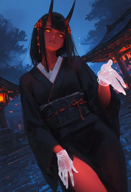 masterpiece, best quality, amazing quality, 1girl, hair ornament,
wlop, nhl-001, limited palette, realistic
8K, illustrating, CG, detailed-eyes, detailed background, cute girl, eyelashes, lowlight
BREAK
sexy, slutty, hot, aroused,
BREAK
detailed background, eyelashes, erotic, looking seductive, coy. dynamic action image, detailed face, detailed eyes, direct mesmerizing gaze,
BREAK
Aka-Oni, oni, colored skin, red skin, smooth horns, black horns,
BREAK
white gloves, see-through gloves, long kimono, outdoors, shrine, night, moonlight, dutch angle, dark theme, high contrast, reaching towards viewer, foreshortening, head tilt, sash, glowing eyes,
